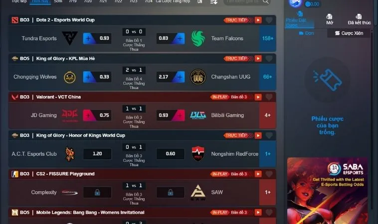 Bảng kèo cá cược Thể Thao Điện Tử Tại SM66