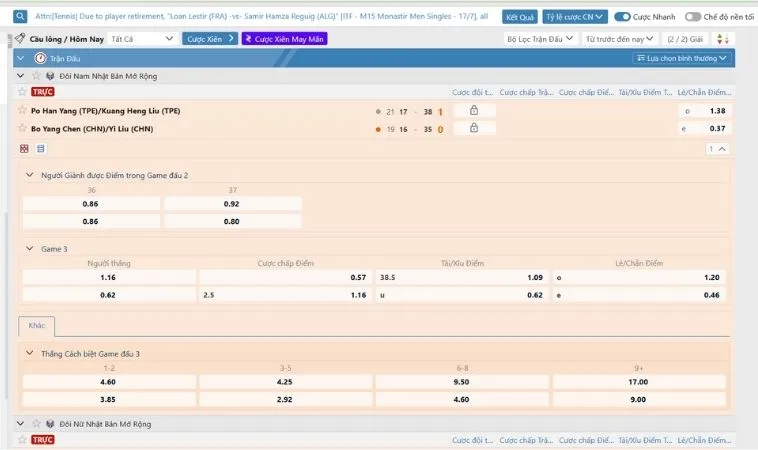 Bảng kèo cá cược Cầu Lông Tại SM66