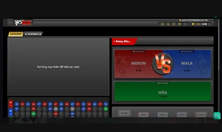Giao diện cá cược tại sảnh Đá Gà WS168 Tại SM66